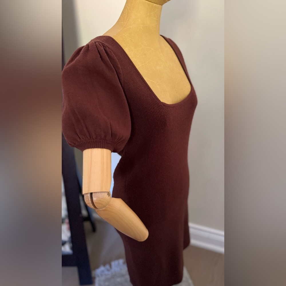 NWT FRENCH CONNECTION Chocolate Ribbed Puff Sleeve Dress (M) - Picture 5 of 11